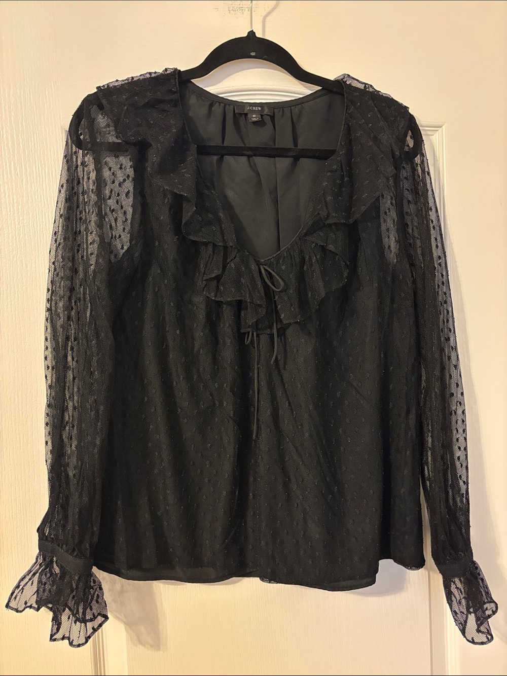J. Crew Black Sheer Ruffle Tie-Neck Blouse